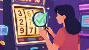 Женщина с голографической лупой изучает игровые автоматы, чтобы выбрать слоты RTP выше 97% в 2026 году