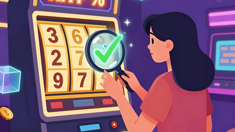 Женщина с голографической лупой изучает игровые автоматы, чтобы выбрать слоты RTP выше 97% в 2026 году